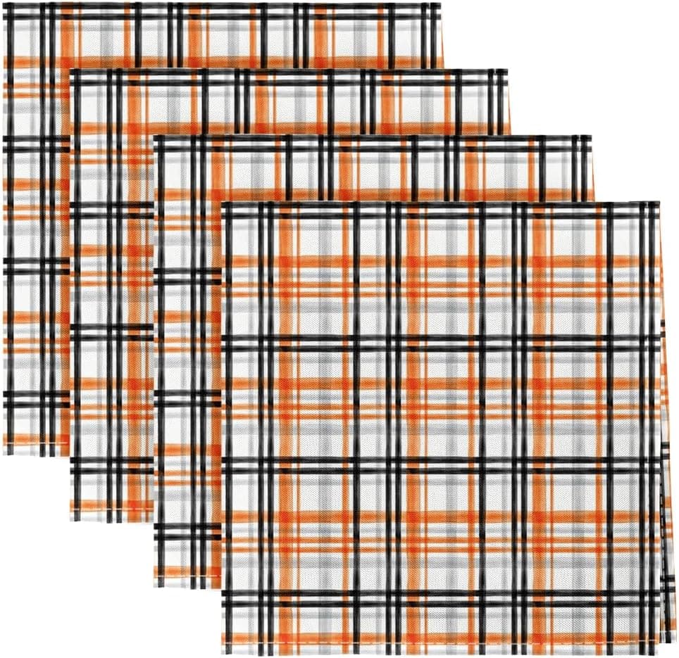 Horaldaily Halloween Cloth Napkins 18 x 18 Inch Orange Buffalo Plaid Party Dinner Decoration Washable Napkins Set of 4
