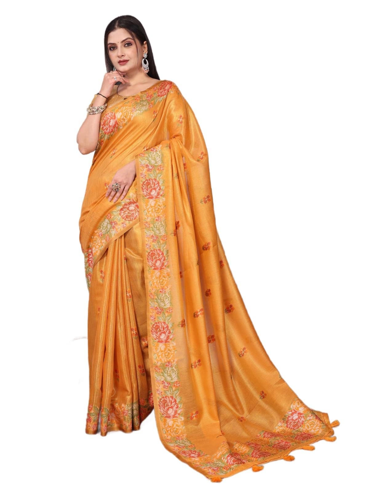 SWORNOF Gold-Toned Woven Design Silk Zari Tissue Saree | Saree for Women | Soft and Skin Friendly (MUSTERD)