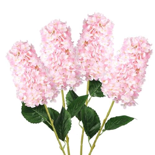 GrainBuds 4pcs Pink Hydrangea Artificial Flower, 33.5" Long Stem Real Touch Conical Fake Hydrangea Silk Flowers, for High Vase Flower Arrangements Decoration, Family Farmhouse, Hotel Decor (Pink)