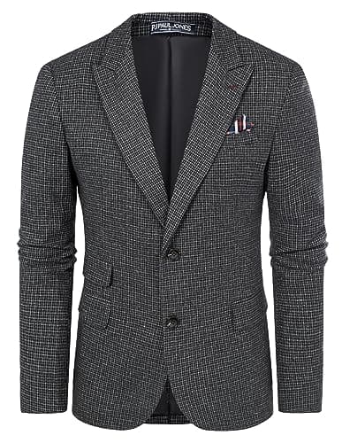 Men's British Tweed Suit Blazer Premium Wool Blend Houndstooth Wedding Black Houndstooth XXL