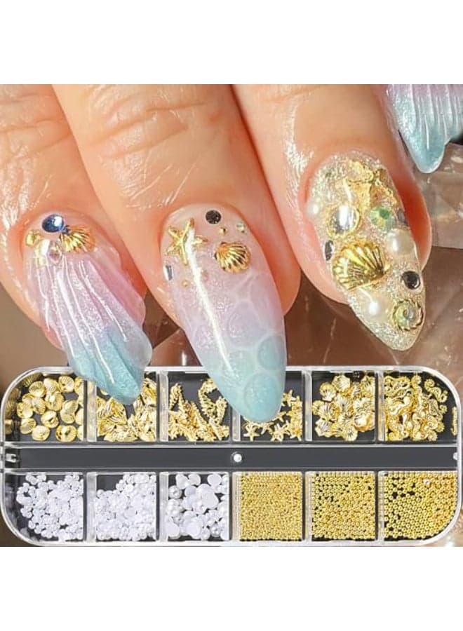ROFIBUT Summer Nail Charms 3D Steel Studs Metal Art Charms Pearls Seashell Starfish Gold Rhinestones Ocean Theme Designs Nail Supplies for Women Girls Manicure 12 Grids