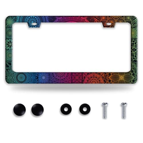 Colorful Flowers Line Art License Plate Frame Mandala Floral License Plate Holder Funny Stainless Steel Accessories Cars Decor with 2 Holes and Screws Fits Standard Us Ca Vehicles 122 X 6 Inch