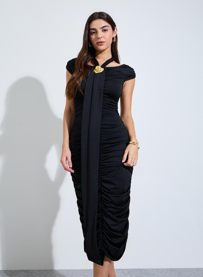 Black Ruched Midi Dress with Metal Decor
