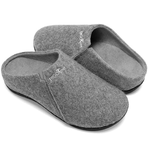 ERGOfoot House Slippers With Arch Support, Orthopedic Slippers for Plantar Fasciitis Pain Relief, Comfy Wool Felt Clog, Non-Slip Indoor Outdoor House Shoes for Women and Men/Grey, W8/M7