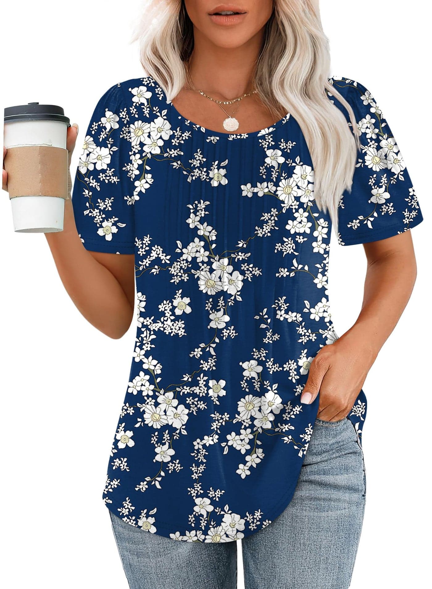 Floral Tops for Women Summer Short Sleeve Blouses Casual Oversized Shirts Round Neck Pleating Navy XL