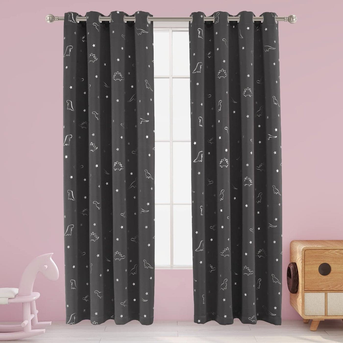 LORDTEX Dinosaur and Star Foil Print Blackout Curtains for Kids Room Thermal Insulated Curtains Noise Reducing Window Drapes for Boys and Girls Bedroom 52 x 84 Inch Grey Set of 2 Panels