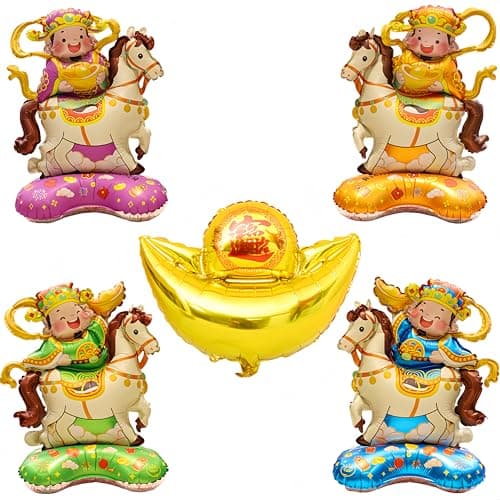 5Pcs Lunar New Year Horse Year BalloonsGod of Wealth Holding Gold Ingots Chinese New Year Decor Fortune Prosperity DecorationLucky Fortune Prosperity DecorFloor Standing Balloon with Base