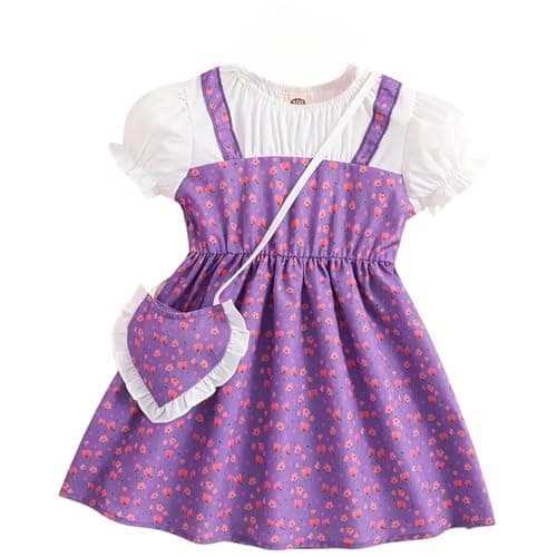 Niren Enterprise Adorable Floral Girl’s Dress with Heart-Shaped Purse – Perfect for Any Occasion, Pack of 1 (Purple CRISPILLO, 3-4Y)