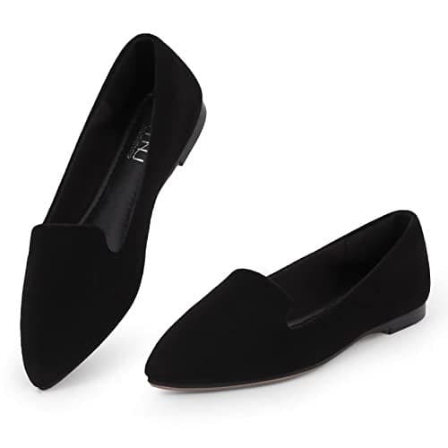 MUSSHOE Flat Shoes Women Pointed Toe Comfortable Slip on Women's Flats, Black Suede 10
