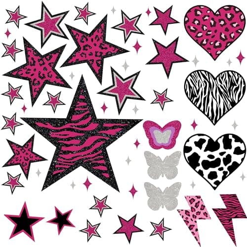 TwoDays 100PCS Y2K Room Decor Aesthetic Wall Decal 2000s Mcbling Vinyl Peel and Stick Stickers for College Teen Girls Bedroom Pink Stars Trashy Y2k Decorations for Women Apartment