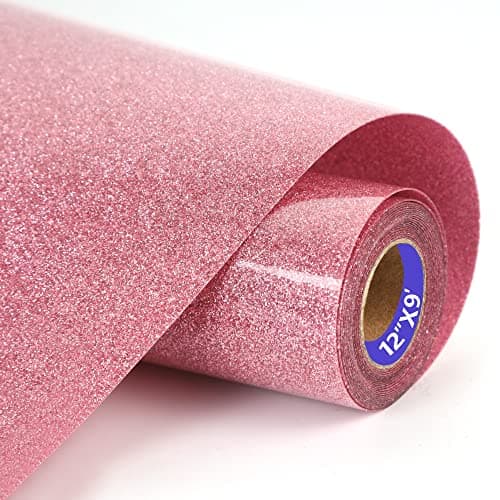 SHOMKIEE Pink Glitter HTV Heat Transfer Vinyl Rolls12inch by 9feet PU Stretch Iron on Vinyl HTV Vinyl for TShirt for Silhouette and Cameo 9Ft Z1Glitter Pink