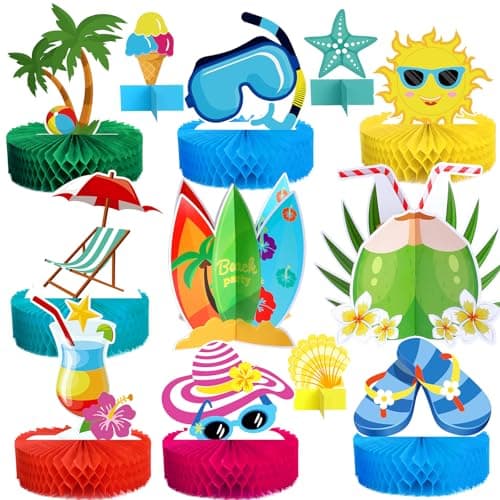 12 Pieces Beach Honeycomb Centerpieces Pool Cake Balls Table Toppers Beach Pool Party Supplies Decorations for Birthday Party Favors