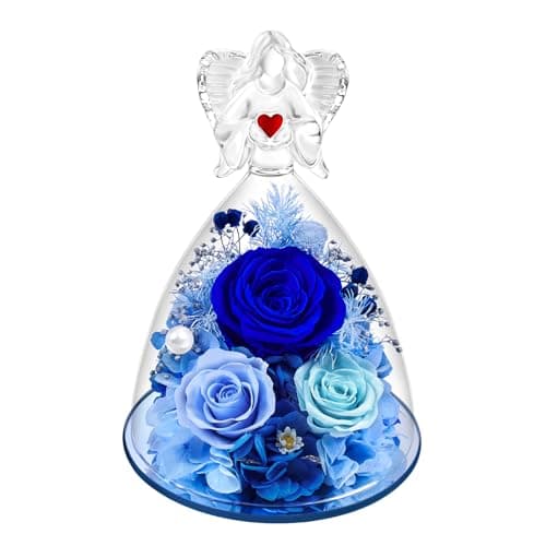 Vryblos Preserved Flowers in Glass Angel Figurine with LED Light,Forever Real Roses Prime Eternal Flower Birthday Glitter Decorations for Her Women Mom Grandma Sister (Blue)