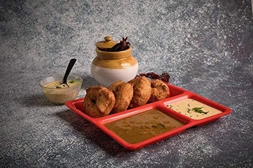AWICKTIK FoodGrade Virgin Plastic MicrowaveSafe 3Compartments DividedDinner 9 Inches Pav Bhaji Plates4 Red
