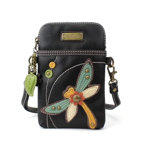 CHALA Garden Animal Collection Cell Phone Crossbody Purse-Women PU Leather/Canvas Multicolor Handbag with Adjustable Strap - Dragonfly - black