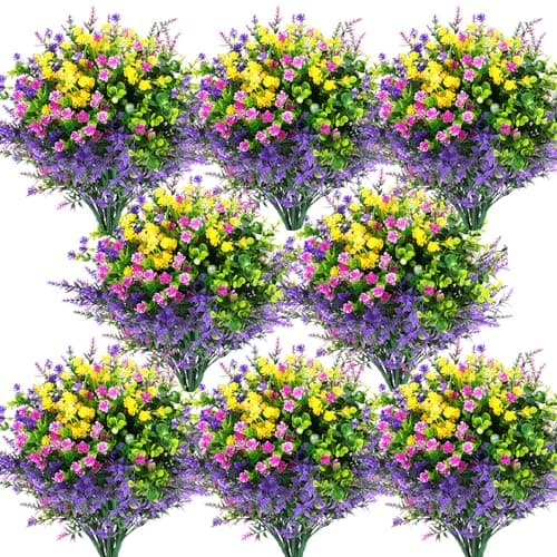 Hananona 48 Pcs Artificial Flowers Outdoor, Faux Artificial Plants UV Resistant Plastic Flower Bulk for Hanging Planter Porch Window Home Spring Summer Decor (48, Fuchsia, Purple, Yellow, Green)