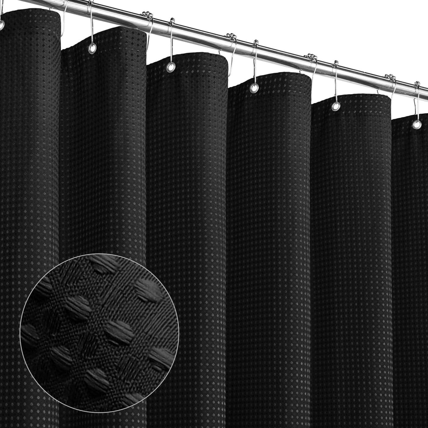 MitoVilla Extra Long Shower Curtain 72 x 84 Black Waffle Fabric 84 inch Shower Curtain Farmhouse XL Shower Curtains for Bathroom Decor Luxury Weighted Shower Curtain 84 inch
