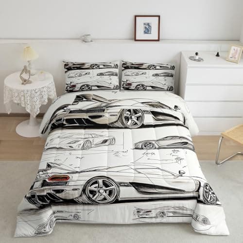 Feelyou Race Car Comforter Set Twin Size Kids Speed Sports Car Manuscript Bedding Set for Boys Girls Teens Racing Car Line Comforter Breathable Extreme Sports Duvet Set Quilt Set