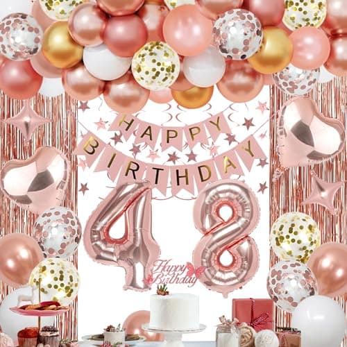 NANINUNENO 48th Rose Gold Birthday Party Decorations for Women Rose Gold Happy Birthday Banner Fringe Curtains Heart Foil Balloons Confetti Balloons Cake Topper for 48th Birthday Decorations