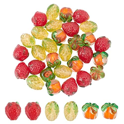 BENECREAT 30Pcs 3 Styles Fruit Handmade Lampwork Glass Beads Pineapple Strawberry Persimmon Crystal Loose Beads for DIY Craft Bracelets Necklace Jewellery Making