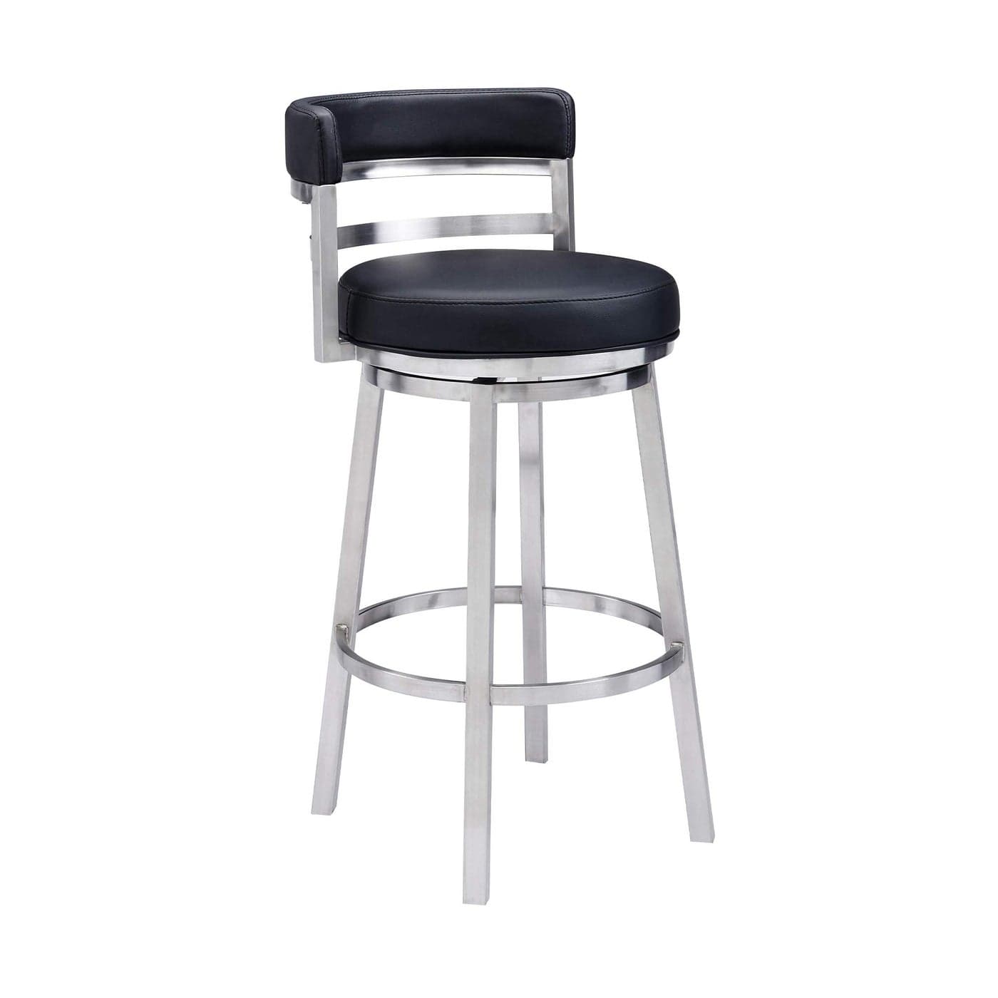 Armen Living Madrid 26 Seat Height Swivel Modern Black Faux Leather and Brushed Stainless Steel Bar Stool for Kitchen Island Counter