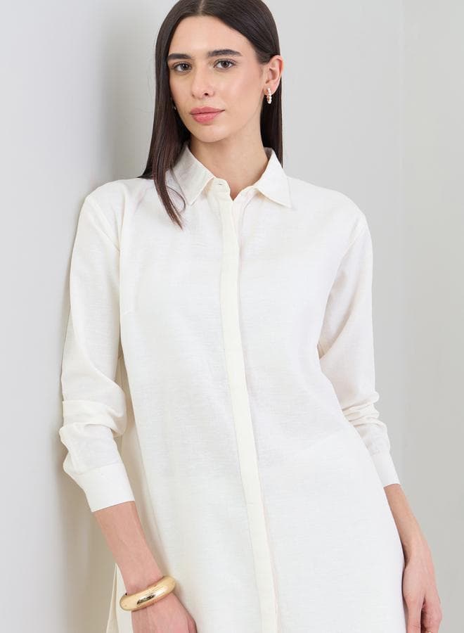 Off White Solid High-Low Shirt with Concealed Placket