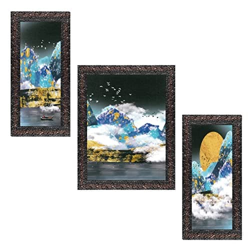 Indianara Set of 3 Nature Framed Art Painting (3176GBN) without glass 6 X 13, 10.2 X 13, 6 X 13 INCH