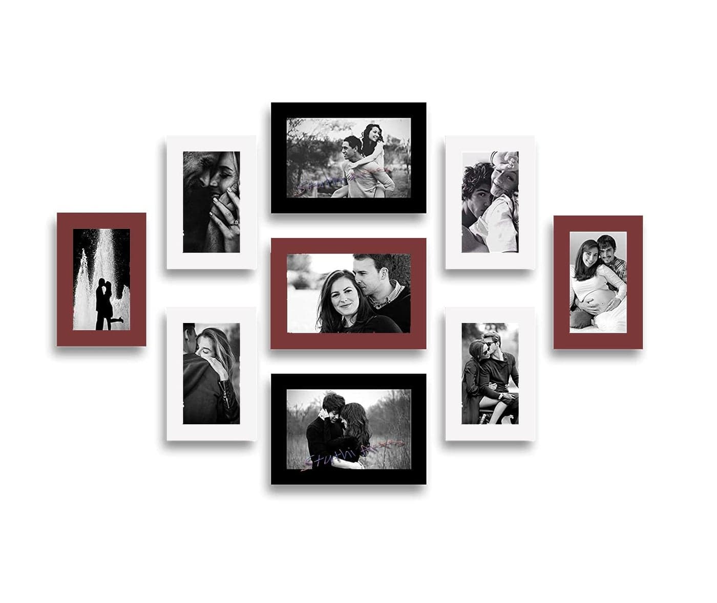 Stuthi Arts Wood MDF Photo Frame With Glass (9 Photos) Wall Mount, Rectangular, 5 x 7 inches (3 pieces), 4 x 6 inches(6 pieces) (White Black & Brown)