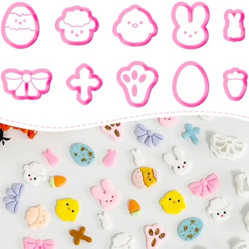 Xaekicr Easter Polymer Clay Cutters Set 10pcs Clay Earring Cutters for Easter Eggs Bunny Chick Bow and More DIY Clay Tools Polymer Clay Molds for Jewelry Making