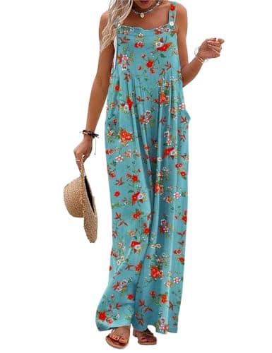 YESNO Women's Summer Casual Overalls Loose Wide Leg Jumpsuits Boho Floral Printed Baggy Rompers with Pockets 2XL PZH CR14