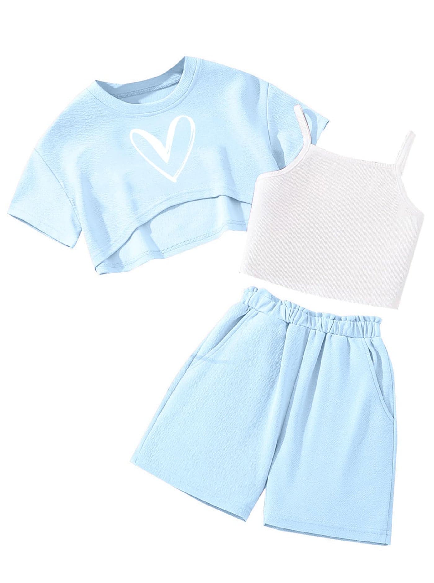 Hilinker Girls 3 Piece Summer Outfits Graphic Crop Tee and Cami Top with Shorts Set Blue Heart 1112Y
