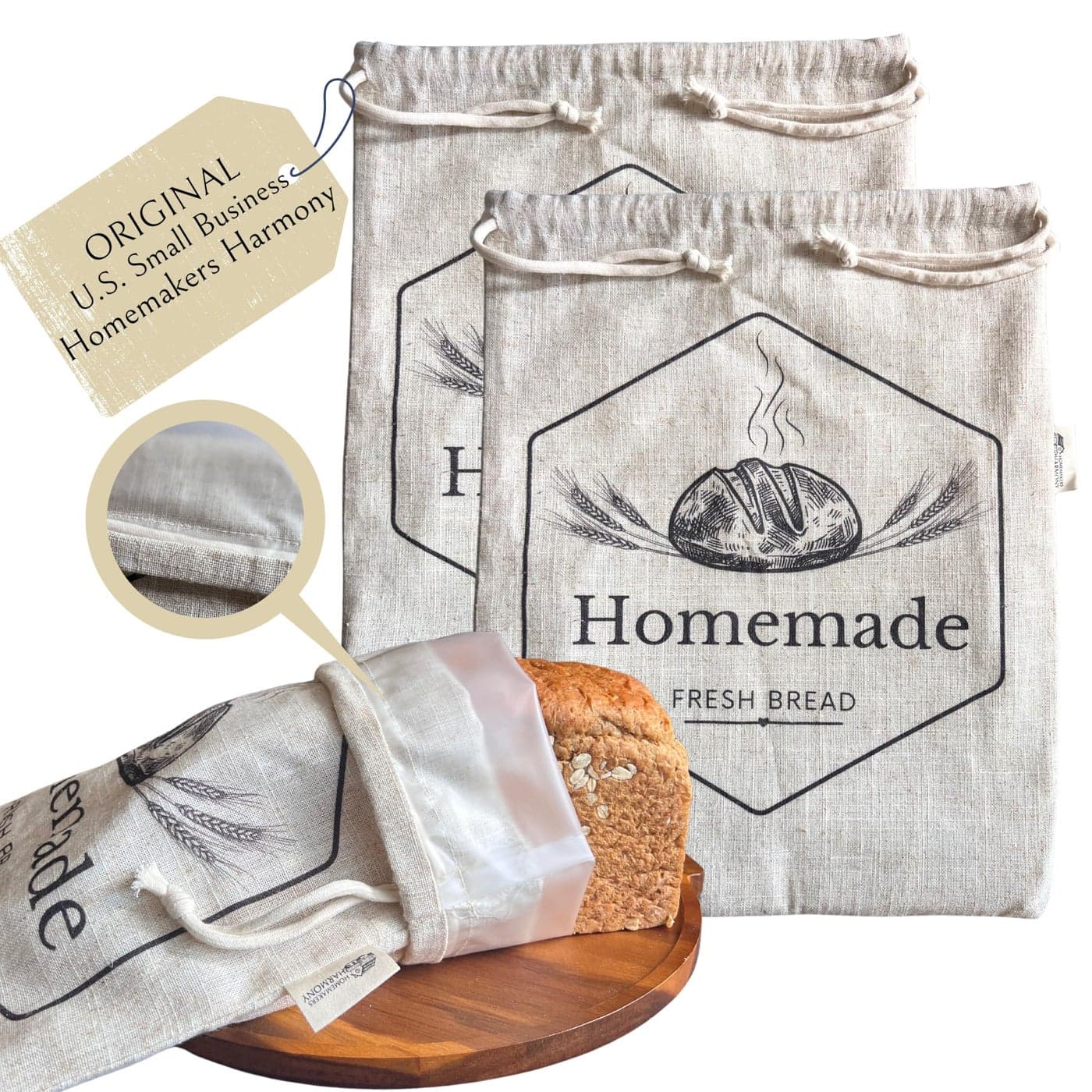 HOMEMAKERS HARMONY 2Pack XL Linen Reusable Bread Bags for Homemade Sourdough Breads