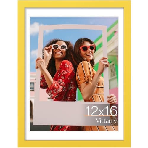 Vittanly 12x16 Picture Frame, Engineered Wood with Shatter Resistant Plexiglass, Display Pictures 11x14 with Mat or 12x16 without Mat, Poster Frame for Wall Display, Yellow, 1 Pack