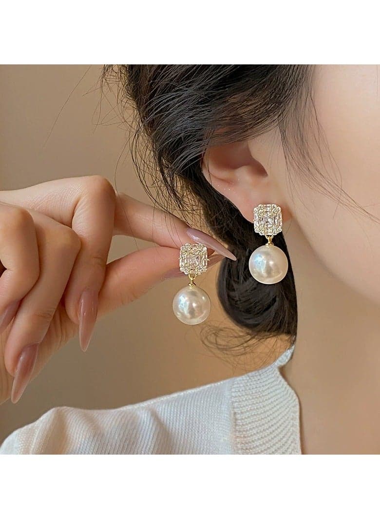 S925 Sterling Silver Square Zircon Pearl Stud Earrings for Women – Minimalist Luxury Design, Elegant Everyday Jewelry, Hypoallergenic