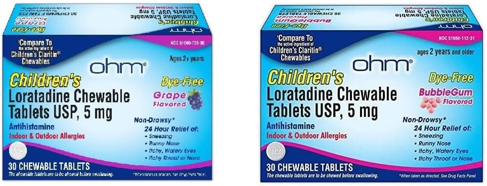 Ohm Childrens Loratadine Chewable Tablets 2 Flavors Treats Indoor Outdoor Allergies