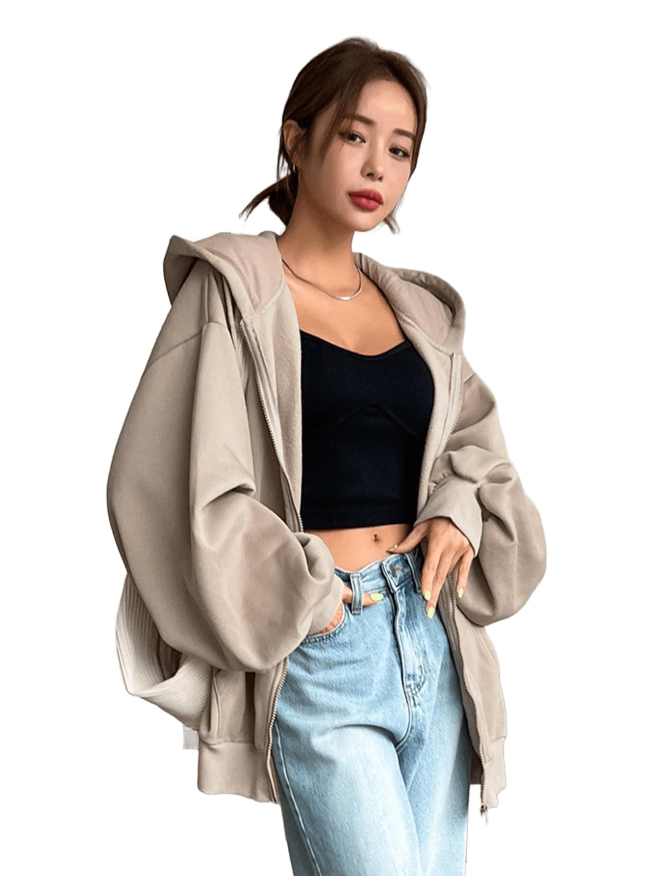 SXV STYLE Casual Zip-Up Hoodie, Oversized Fit, Light Grey, Front Pockets (IN, Alpha, S, Beige)