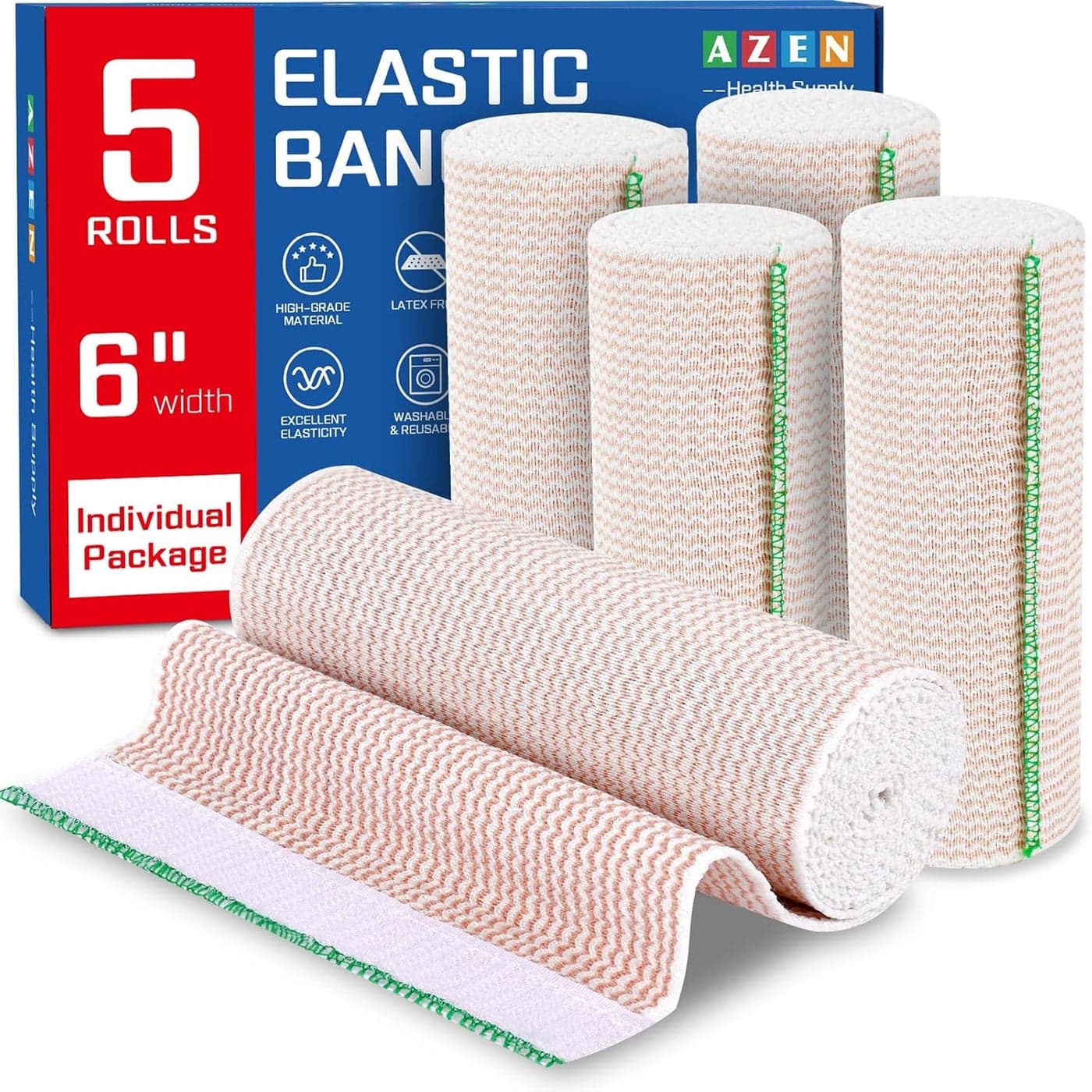 AZEN Premium 5 Pack Elastic Bandage Wrap 6 Inch, Compression Wrap Bandage for Legs, Ankle, Knee, Tummy, Body, Latex-Free, Lymphedema Wraps for Legs