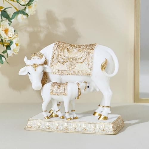 Karigaari India Divine Kamdhenu: Handcrafted Dhayana Polyresin Cow and Calf Figurine for Auspicious Home Decor - Bring Prosperity, Peace & Spiritual Harmony to Your Space