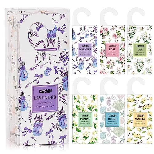 MYARO 12 Packs Large Sachets for Drawers and Closets, Large Hanging Sachet Bags Closet Air Fresheners Potpourri Bags Long-Lasting 6 Scents - Lavender, Rose, Jasmine, Ocean, Vanilla, Lily