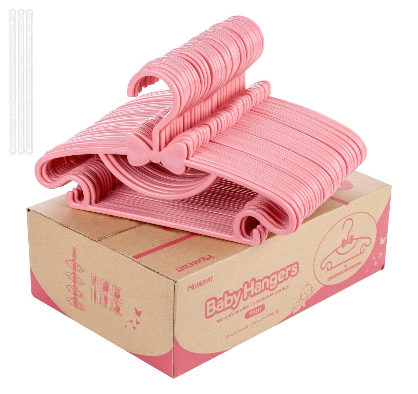 Nursery Hangers 40 Pack Baby Hangers with Cute Bows Plastic Nonslip Baby Coat Hangers Pink with 3pcs Clothes Hanging Chaines Space Saving Kids Coat Hanger for Toddlers Wardrobe