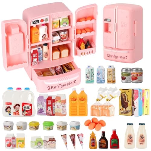 Mini Refrigerator Toy Fill The Fridge with Ice Cream Juice 40 Mini Food Toys for Dollhouse Accessories Kitchen Playset Realistic Refrigerator Play Gift for Kids