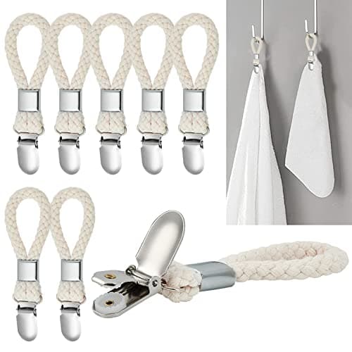 Elesunory 8PCS Hanging Tea Towels Clip, Metal towel hanger with Loop Cotton, Hand Towel Hook for Home Kitchen Bathroom Hanging Towels