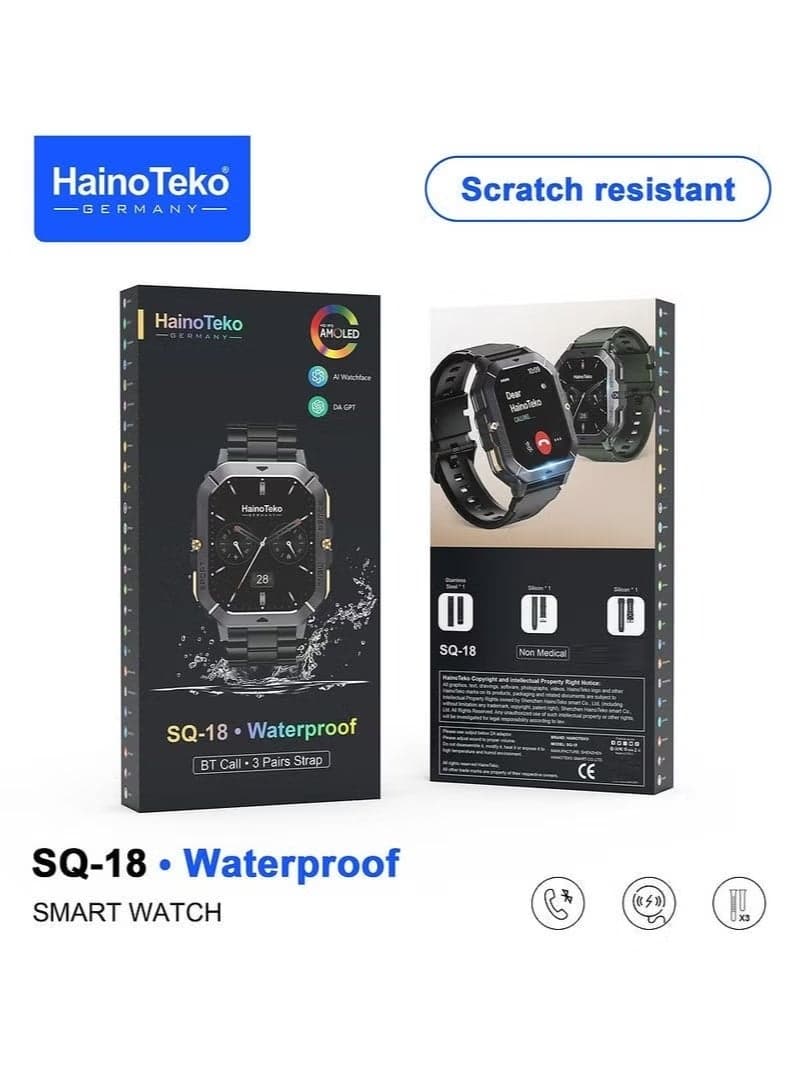 Haino Teko SQ-18 AMOLED Smart Watch for Men, Scratch-Resistant HD Display, Bluetooth Calling, Waterproof Fitness Tracker, Heart Rate & Sleep Monitor, Smart Notifications, 3 Interchangeable Straps, Charging Cable Included, Black