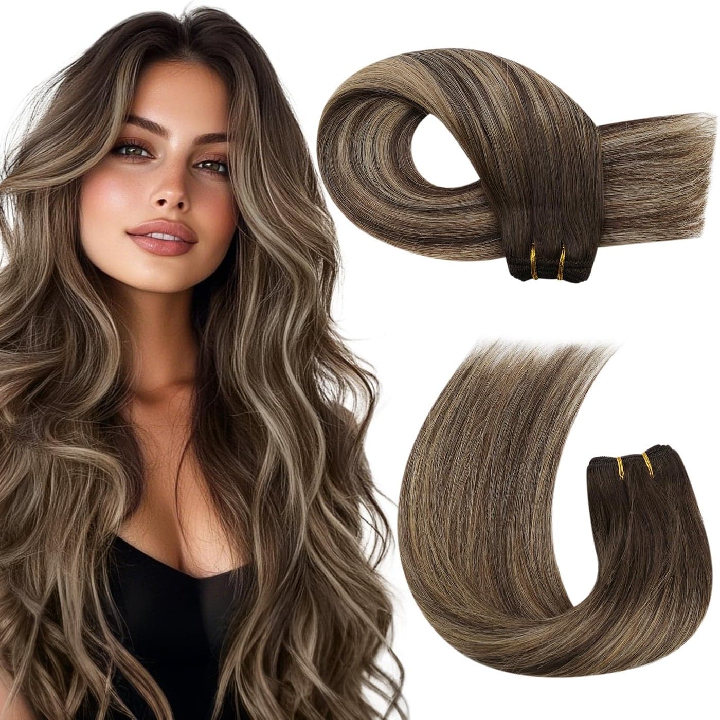 Moresoo Sew in Hair Extensions Real Human Hair Remy Straight Weft Hair Extensions Human Hair Balayage Dark Brown to Caramel Blonde Full Head 100G 18Inch