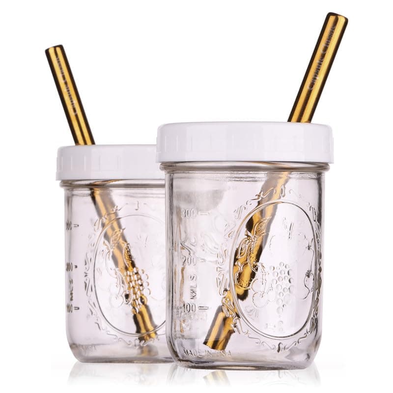 Reusable Wide Mouth Smoothie Cups for Boba TeaBubble Tea with Lids and Gold Straws Mason Jars Glass Cups 2pack 16 oz Brand Capsule Classic