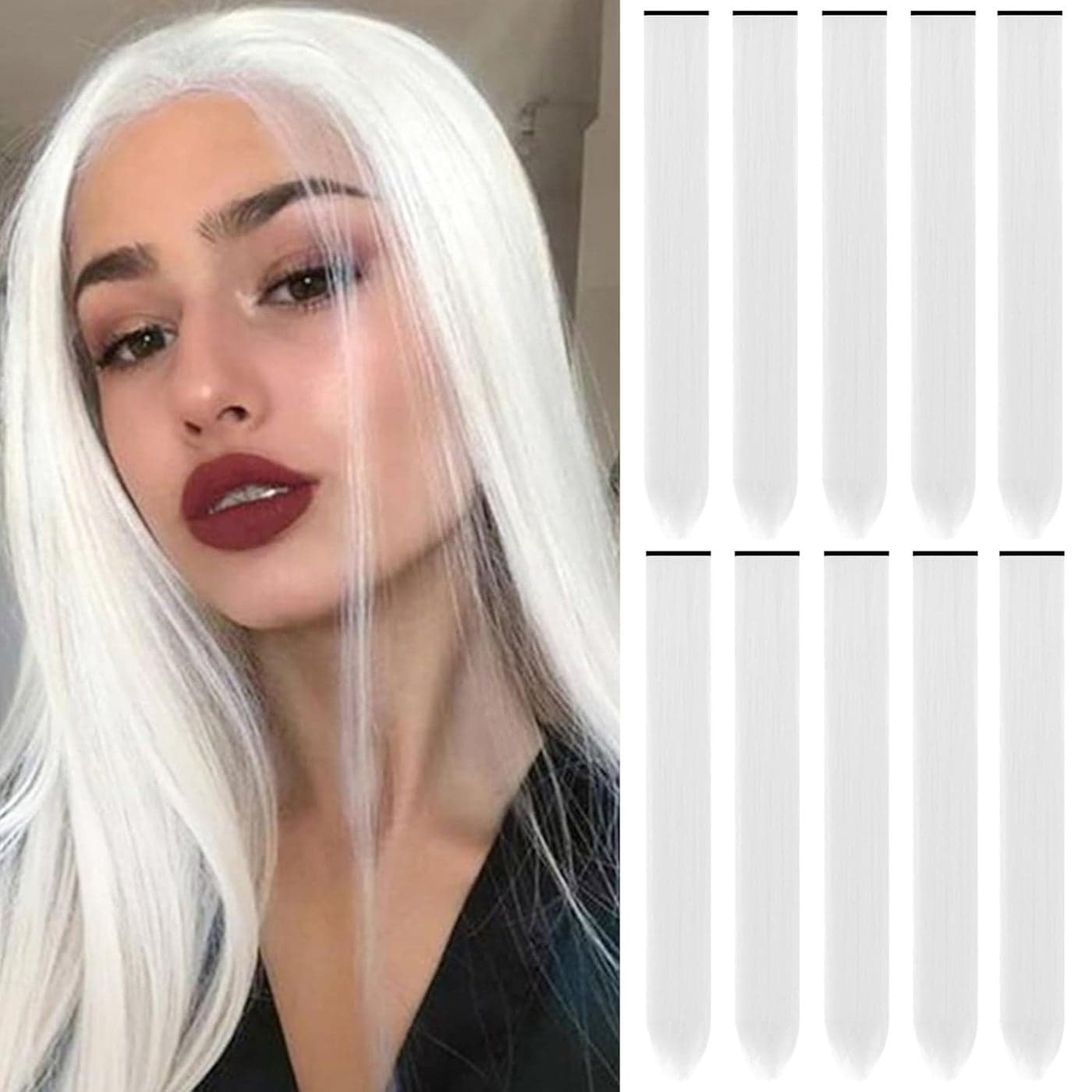 22 inch Colored Hair Extensions Multicolors Party Highlights Clip in Long Synthetic Hair Extensions for Girls Women Kids Party Gift10 PCS White