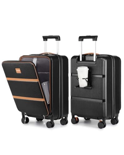 Joyway Carry on Luggage Airline Approved with Front Pocket, Hardside 20 Inch Travel Luggages with Cup Holder, Carry-on Suitcase with Spinner Wheels for Men and Women (Black, 20 Inch)