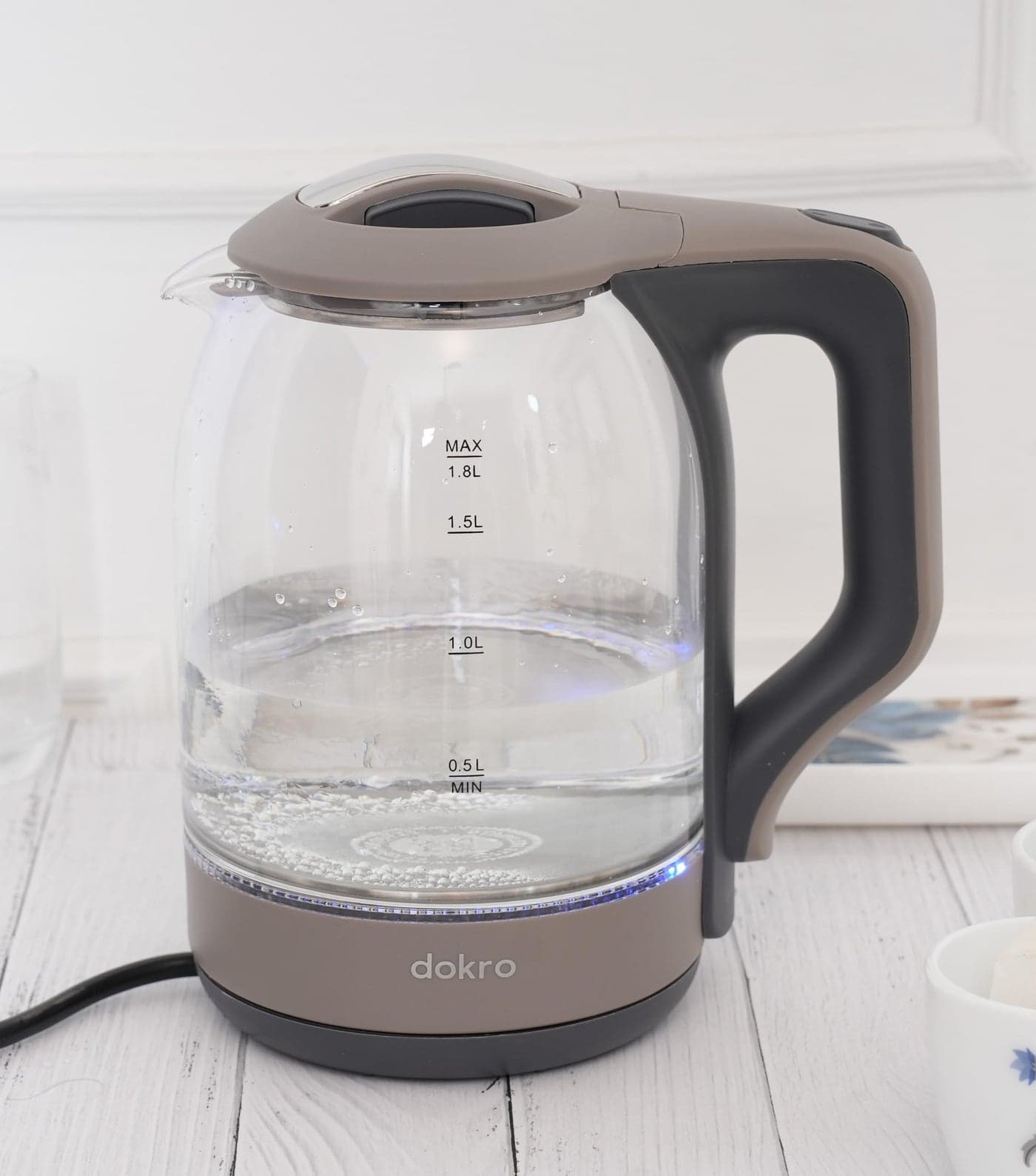Dokro 1.8L Electric Glass Kettle (1350W) | 100% Borosilicate Glass Body with Locking Lid, 360° Swivel Base, Concealed Element for faster heating, Auto Shut-Off, Rust Proof Electric Kettle (Grey)