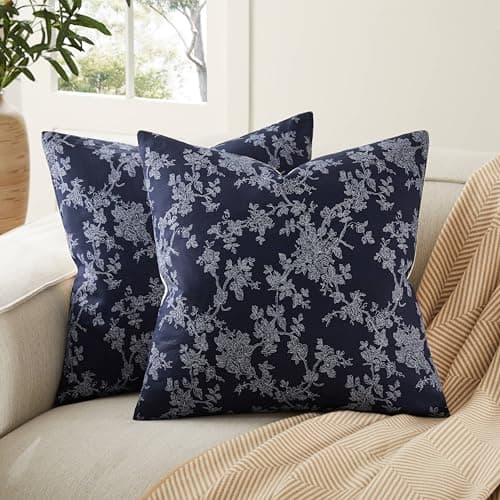 YZJZEDS 100% Cotton French Pastoral Throw Pillow Covers Set of 2, 18x18 Inch Background/Blue Farmhouse Decorative Cushion Covers for Sofa Bed Living Room Home Decor