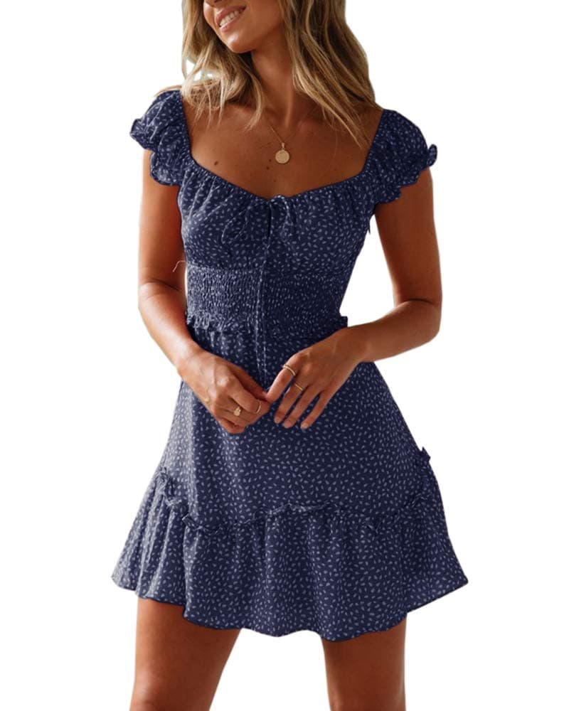 Valphsio Womens Smocked Dress Ruffle Floral Tie Front Boho Short Dresses (Small, Navy)